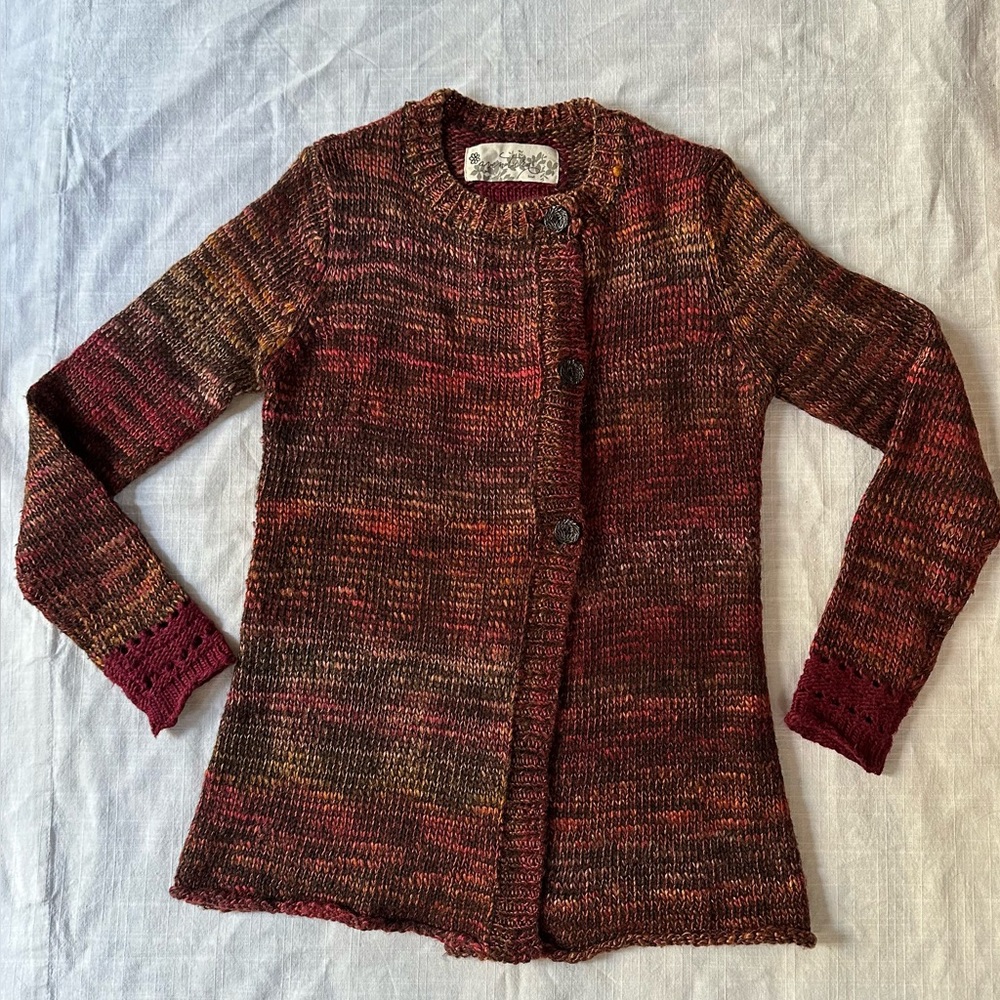 Aventura Marled Cardigan Sz S Burgundy Orange Asymmetric Closure Crochet Accent